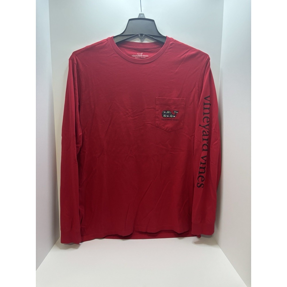 Vineyard Vines Red‎ Long-sleeve Pocket t-shirt Santa Whale & Christmas Trees Lg
